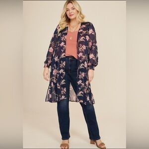 Maurices Floral Sheer Kimono Cardigan XL Dark Blue